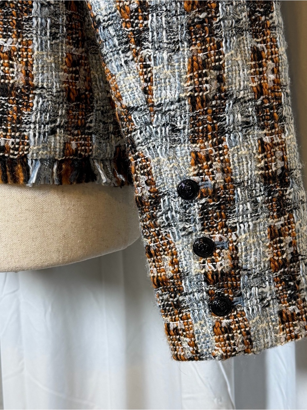 L’Agence Angelina Tweed Jacket Blue Brown Fringe Blazer Size 8 - Picture 10 of 15